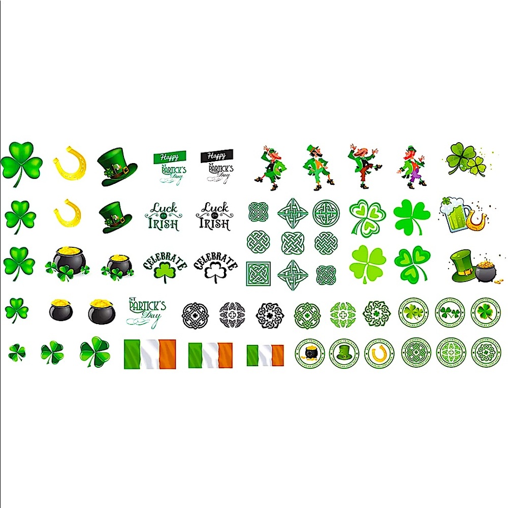 🍀 💌BO/GO$6 🍀 St. Patrick’s Day Clovers Transfer Nail Decals Leprechaun - Picture 2 of 4